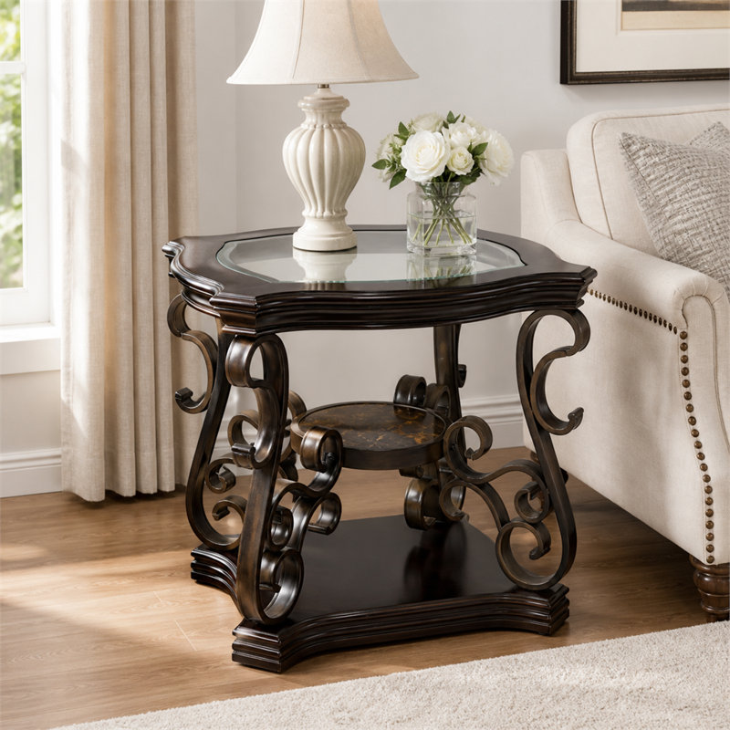 Table de bout en verre brun foncé avec plateau de rangement en MDF à 2 niveaux et pieds en métal
