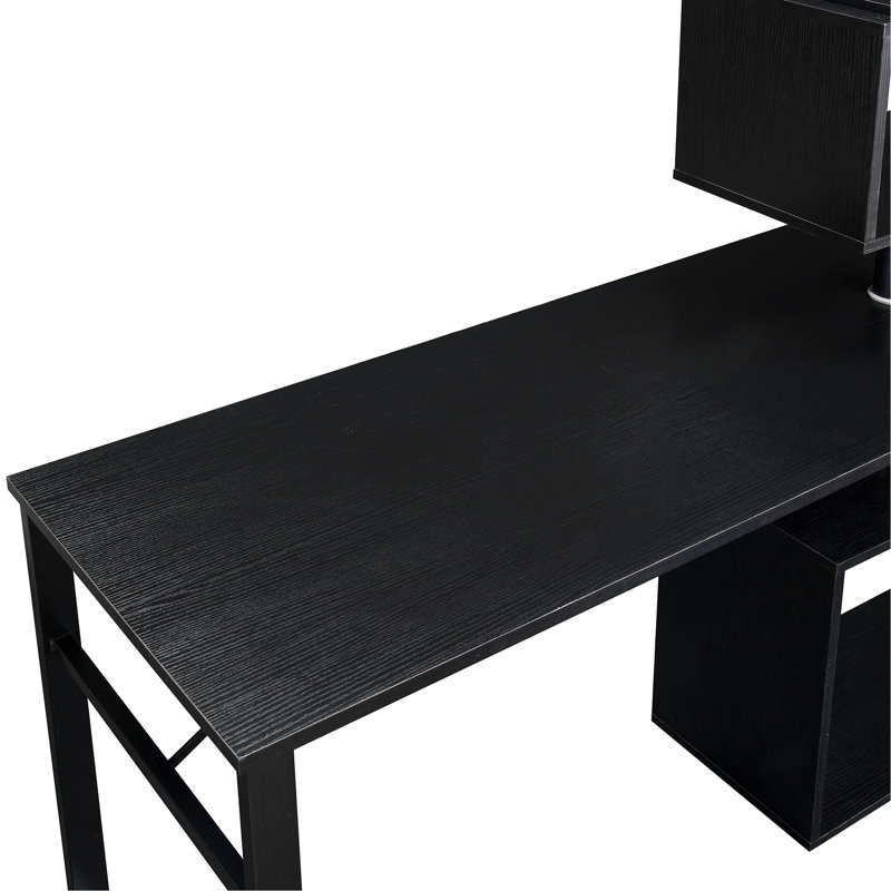 Home Office Computer Desk L-Shaped Corner Table, Rotating Computer Table With 5-Tier Bookshelf, Four Installation Methods, Lockable Casters (Black)