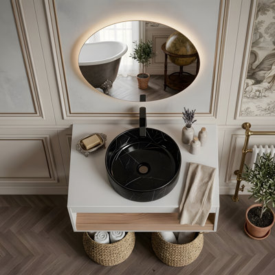 Meuble-lavabo mural 36 po avec lavabo en céramique et compartiments de rangement ouverts 36 po