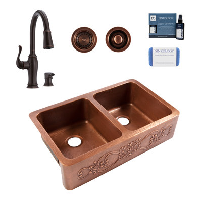 Ganku Copper 36â³ Double Bowl Farmhouse Apron Front Undermount Kitchen Sink with Maren Bronze Faucet Kit -  Sinkology, SK312-36SC-7MMY