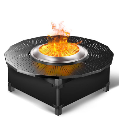 40" Wood Fire Pit Surround Tabletop, 21" Inner, Powder Coated Steel, Fits Most Outdoor