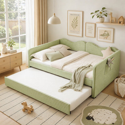Full Size Gingham Upholstered Daybed with Pull-Out Trundle & Storage Pocket, Solid Wood Frame Multi-Functional Sofa Bed for Kids Room Guest Bedroom, Green