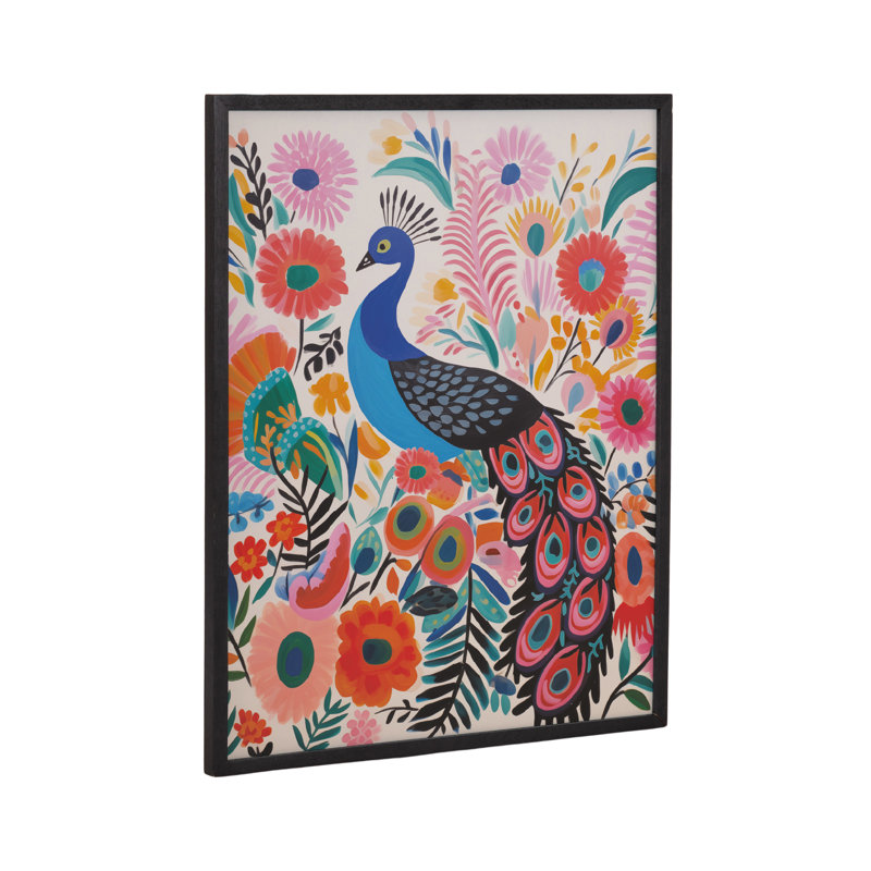 Art moderne paon vibrant moderne, H 16,65 po x l 20,65 po, Cadre noir