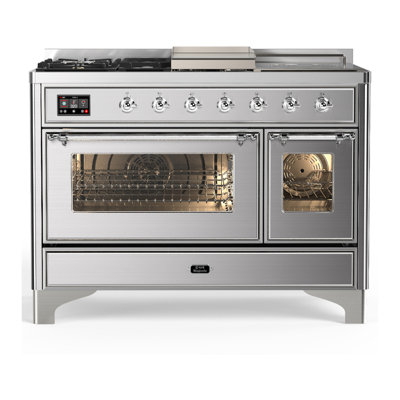 Cuisinière à double combustible de 48 pouces avec 5 brûleurs scellés, plaque chauffante et plateau français en acier inoxydable (propane liquide, garniture chromée) Majestic III Series