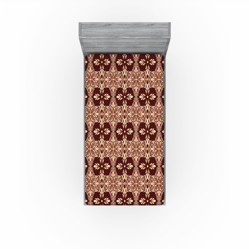 Ambesonne Nature Fitted Sheet Leaves Botanical Style Art, Twin Fitted Sheet, Maroon/Sand/Brown Floral