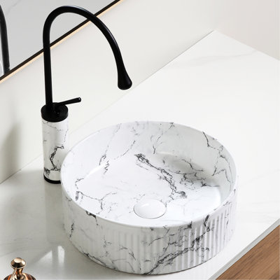 Vasque de salle de bain 37,5 x 37,5 x 13,3 cm, marbre noir et blanc, en céramique avec robinet chauffant et revêtement en marbre, filtre à débris à vidange rapide.