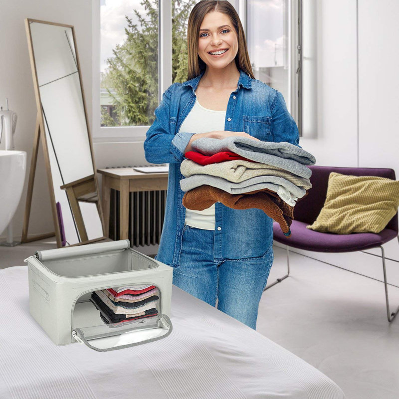 Small Storage Box Foldable with Window & Handles 4 Pack, Gray