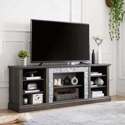 Grand support de rangement pour bureau de télévision avec bordure en faux pierre, console média avec grand meuble de rangement, meuble télé multimédia moderne
