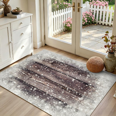 Tapis d'intérieur d'hiver blanc lavable à la machine, imitation bois brun avec flocons de neige