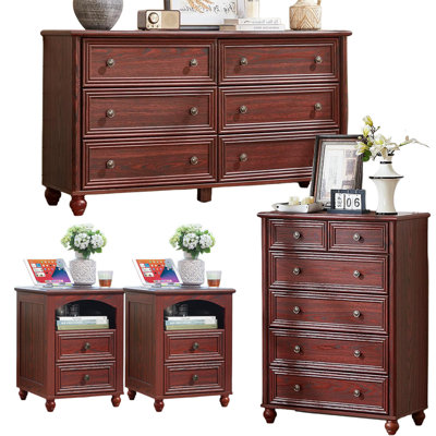 Ensemble de chambre à coucher de ferme 4 pièces avec commode et tables de chevet, ensemble d'armoires de rangement en bois avec station de charge et colonne romaine pour chambre à coucher et salon