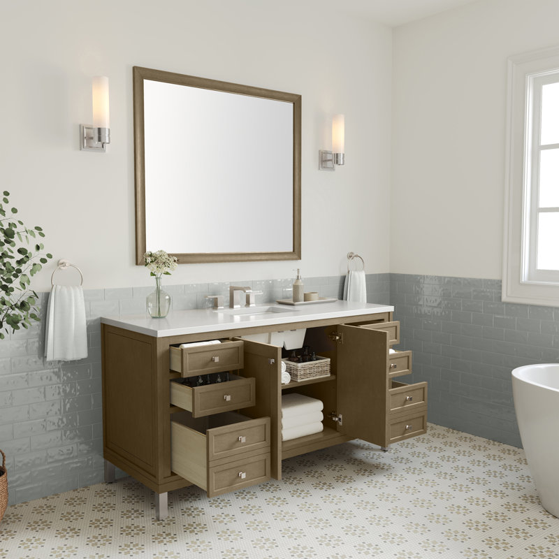 Chicago 60 " W Dual-Mount Single Bathroom Vanity With Top, Walnut Whisper, White Zeus, 8" Widespread