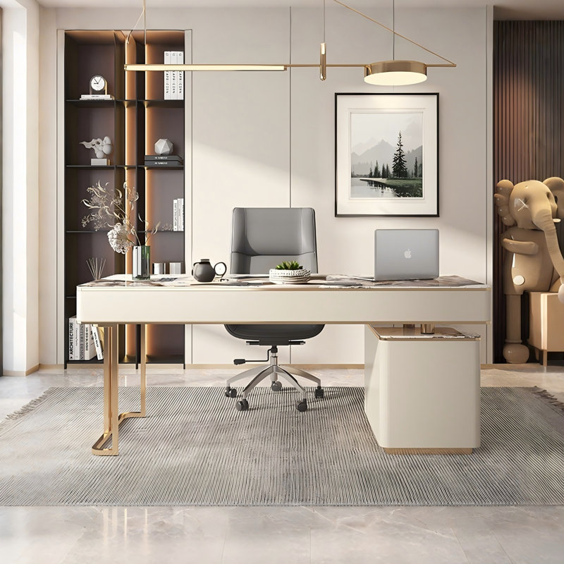 Bureau d'écriture rectangulaire en pierre frittée beige 62,99 ", 5 tiroirs, H 30,31 po x l 62,99 po x P 27,56 po