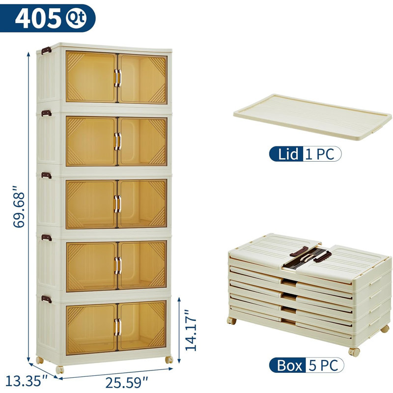 Bacs de rangement empilables, bacs de rangement en plastique avec couvercles, tiroirs de rangement en plastique avec portes et roues magnétiques, organisateurs de placard pliables et pliables pour la maison, le dortoir, le bureau