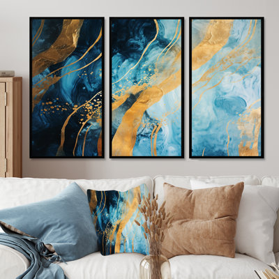 «Blue Sparkling Glam Gold Streams - Abstract Modern Waves», ensemble de reproduction d'art mural