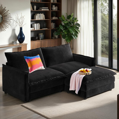 Canapé modulaire en L en velours côtelé 2 places avec 1 repose-pieds, assise profonde et 2 coussins