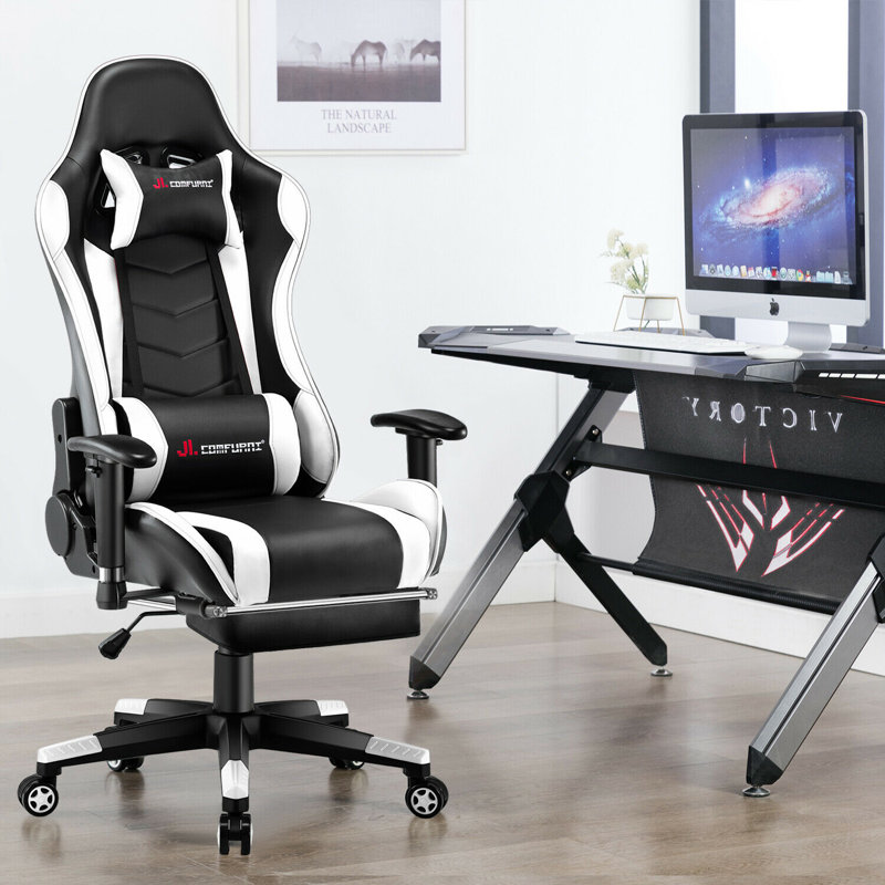 JL Comfurni Adjustable Reclining Ergonomic Faux Leather Swiveling PC & Racing Game Chair with Footrest, Black/White