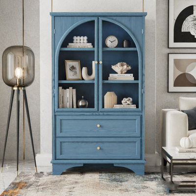 Glass Door Display Cabinet with 2 Drawers and Adjustable Shelf