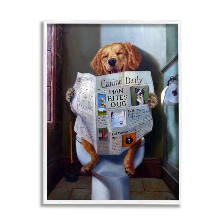 Dog Reading the Newspaper On Toilet Funny - Floater Frame Graphic Art Print on Canvas