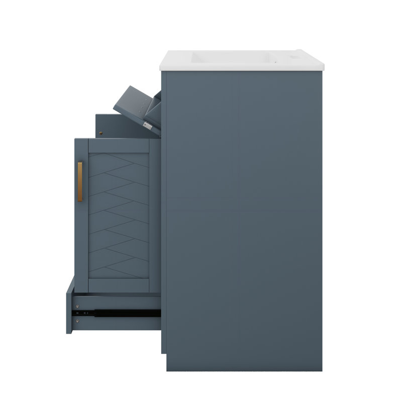 24" Bathroom Vanity With Ceramic Sink, Freestanding Sink Cabinet With 2 Doors & 1 Tip-Out Drawer, Bottom Drawer, Blue