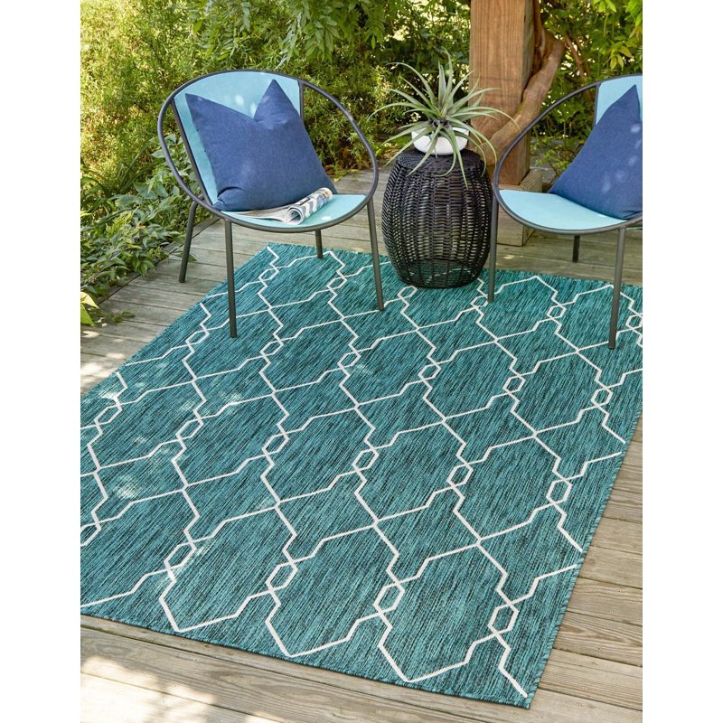 Tapis intérieur / extérieur bleu sarcelle Joniell, Rectangle 9 pi x 12 pi 2 po
