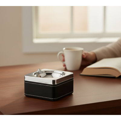 Swivel Black Leatherette & Stainless Steel Cigarette Ashtray