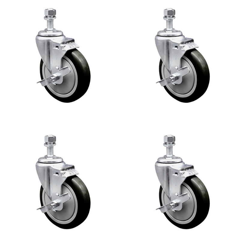 Polyurethane Wheel Swivel ½ Inch Threaded Stem Caster Set 2 Brakes