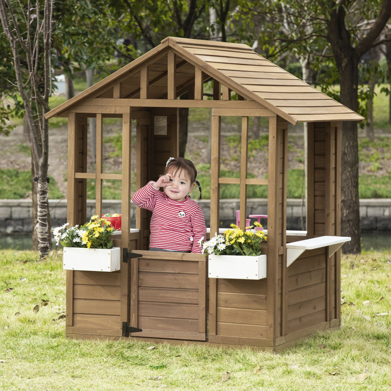 Brown Wooden Outdoor Kids Playhouse with Flowerpot Holders