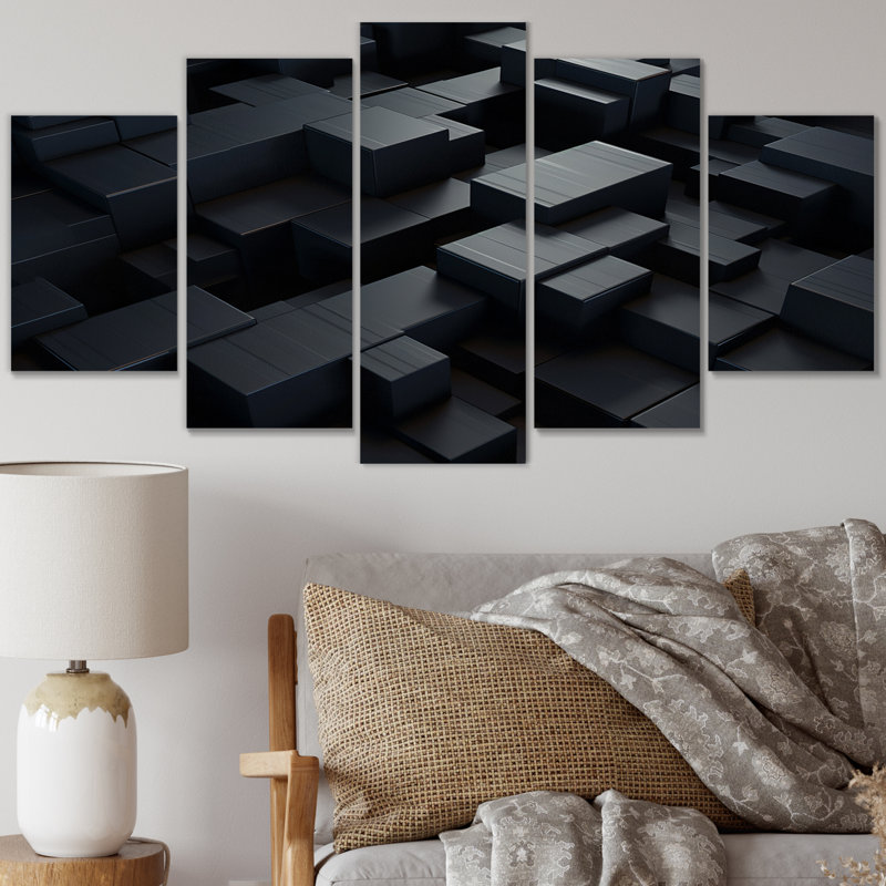 Dimensions du cube 3D en brique noire I - art mural moderne sur toile géométrique - 5 panneaux
