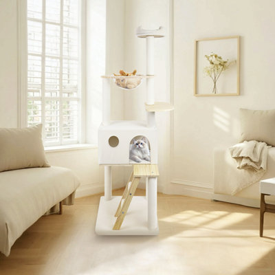 Arbre à chat en bois avec grande échelle en bois et vaisseau transparent 165 cm