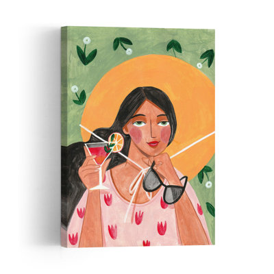 Abstract Modern Bohemian Woman With Cocktail Abstract Contemporary Flower Portrait Wall Art Print by Caroline Bonne Muller - Wrapped Canvas Print