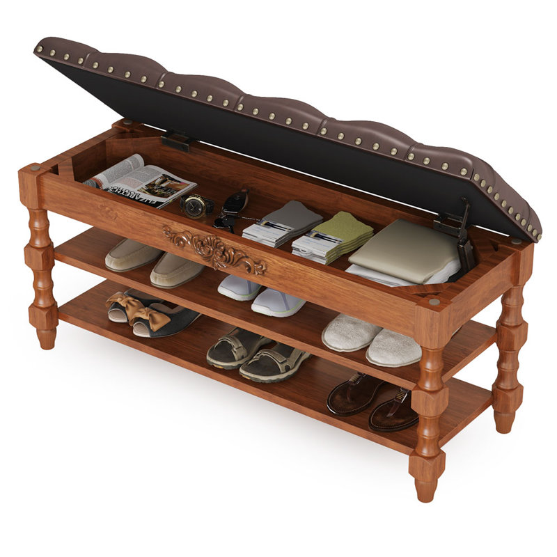 Solid Wood Storage Bench with Tufted Leather Seat, 2-Tier Entryway Shoe Bench with Lift Top