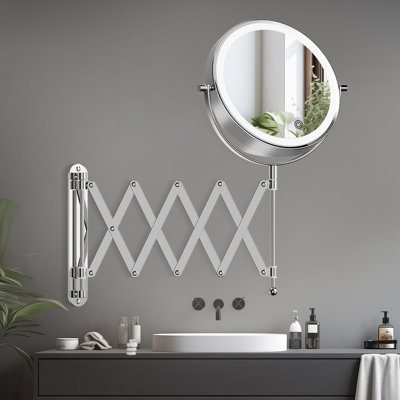 Round Chrome Metal LED Lighted Magnifying Extension Wall Mounted Bathroom Vanity Makeup Mirror