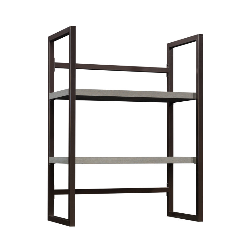 Bureau brun avec un design moderne, bandes à impact, tablettes horizontales pour un accès facile, s'adapte aux petits espaces de travail en couleur, construction, deux tablettes ouvertes, complète l'installation