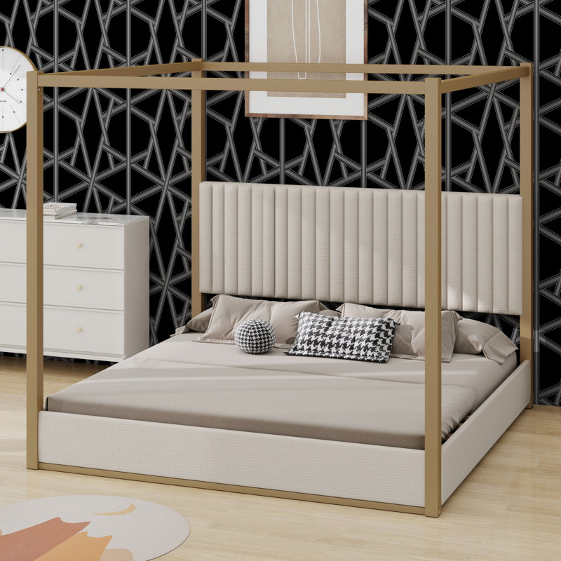 Modern Canopy Bed Featuring Upholstered Headboard and Platform Design, Beige