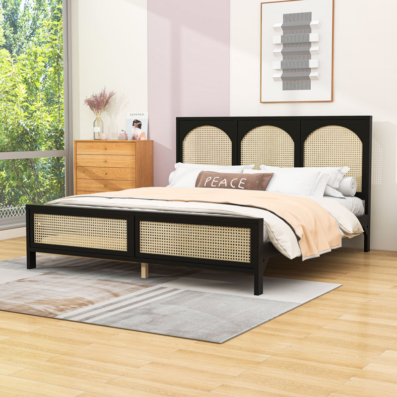 Lit plateforme en bois avec tête et pied de lit en rotin, Beige noir, Très grand lit