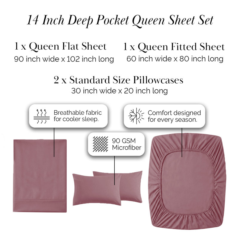 Southshore Fine Linens Southshore Essentials 4-Piece Sheet Set in Rose, Double-Brushed Microfiber Bedding with 14-Inch Deep Pocket, 1 Fitted Sheet, 1 Flat Sheet and 2 Pillowcases, Queen