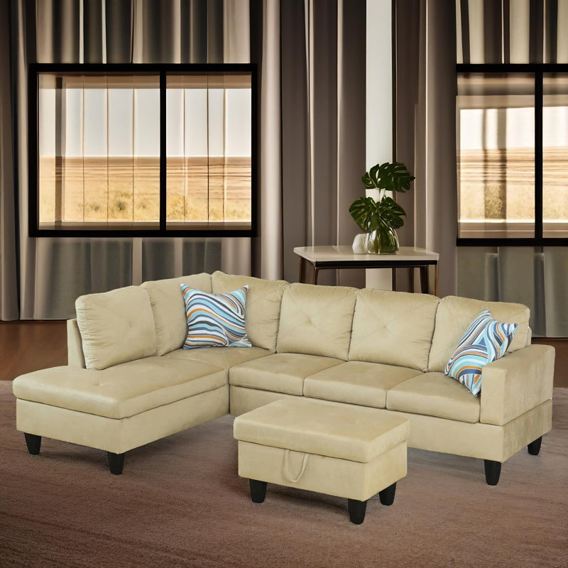 Ensemble de canapé modulaire en flanelle beige 103 po 3 pièces avec méridienne et repose-pieds avec rangement 103 po Verona