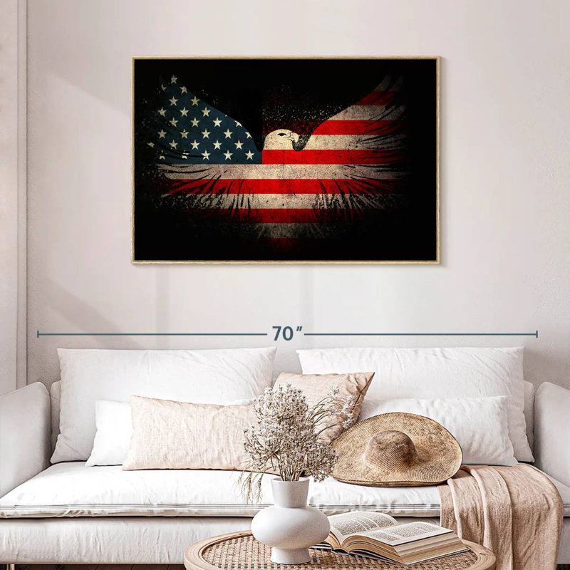 Aigle américain et drapeau, Cadre flottant en bois naturel, 43 po x 29 po