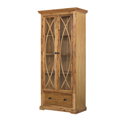 Distressed Wood Glass Door Cabinet with Open Shelves & Storage Drawer