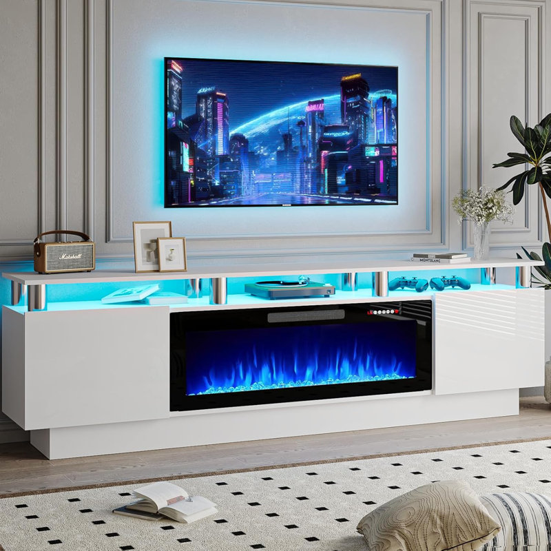 Alazik TV Stand with Electric Fireplace, White/Silver, Black, 24”H x 14”L x 70”W