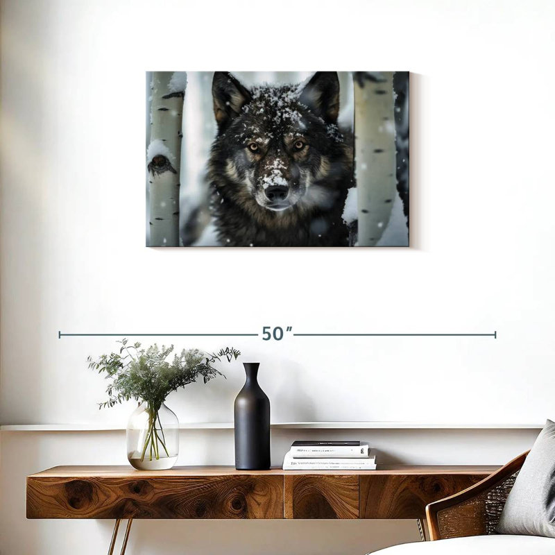 Loup noir Brampt avec des trembles dans la neige, H 20 po x l 30 po