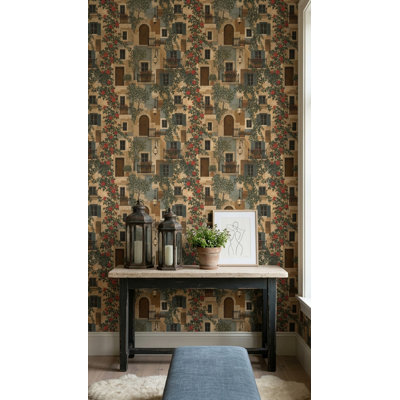 Mediterranean Stone Facade Wallpaper Roses And Shutters