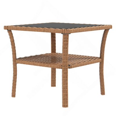 Table d'appoint en rotin, table de bout d'extérieur avec tablette de rangement, cadre carré en aluminium, table basse avec plateau en verre trempé, sable