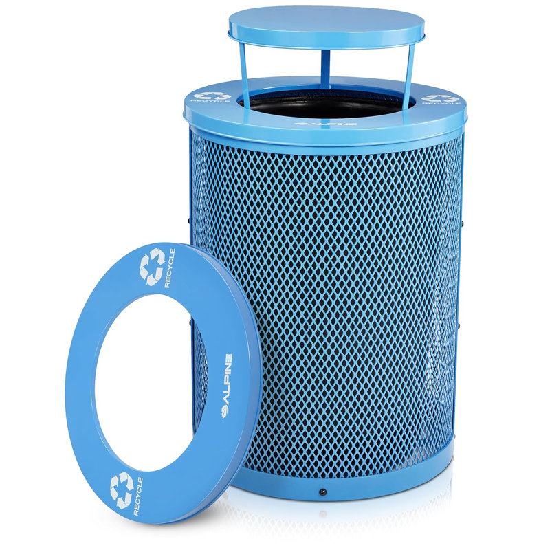 Poubelle extérieure en acier 36 gallons avec capuchon de pluie et doublure Alpine Industries, Blue
