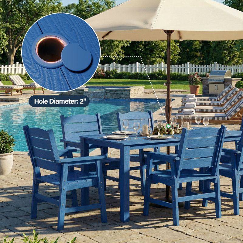 Patio Table 67" Rectangle Outdoor HIPS Dining Table All-Weather Patio Dining Table for 6 Person with Umbrella Hole for Backyard Garden Deck Poolside, Navy