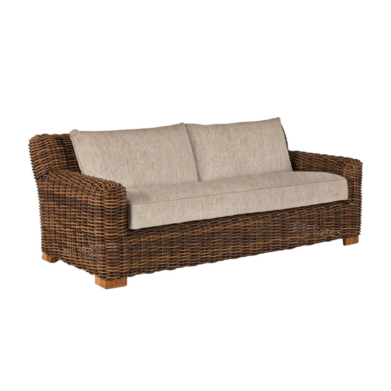 Montauk 84.25" Wide Outdoor Wicker Patio Sofa with Cushions, Welt, Canvas Sand, Standard Plus