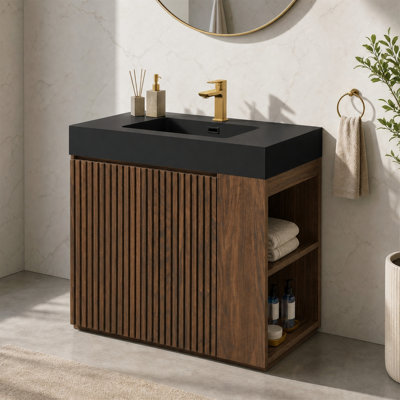 Meuble-lavabo 36 po avec lavabo à quartz noir, portes cannelées, fermeture en douceur