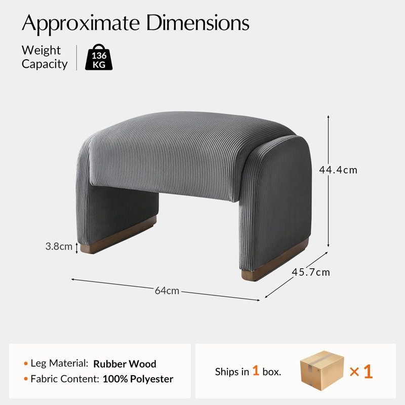 64cm Wide Rectangle Solid Colour Standard Ottoman, Grey