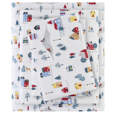 King 4 Pcs Sheet In White Village Print, 100% Cotton Flannel, Ultra - Soft And Machine Washable, , Comes With Flat Sheet, Fitted 2 Pillowcases Cozy With