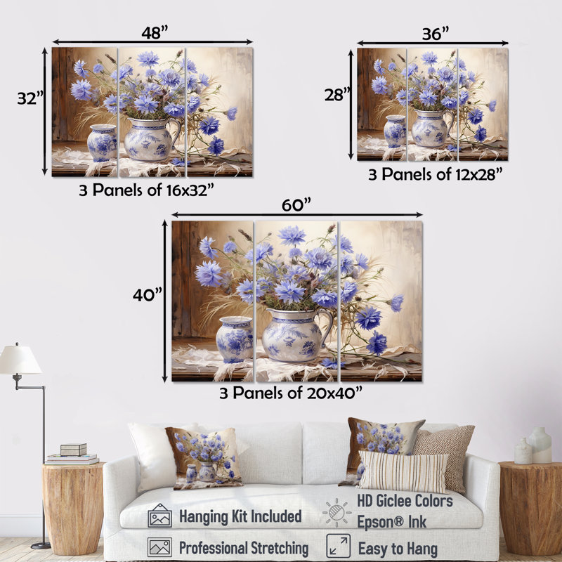 Cornflowers Farmhouse Still Life - Ensemble de décorations murales Cornflowers, Toile tendue, H 32 po x l 48 po x P 1 po